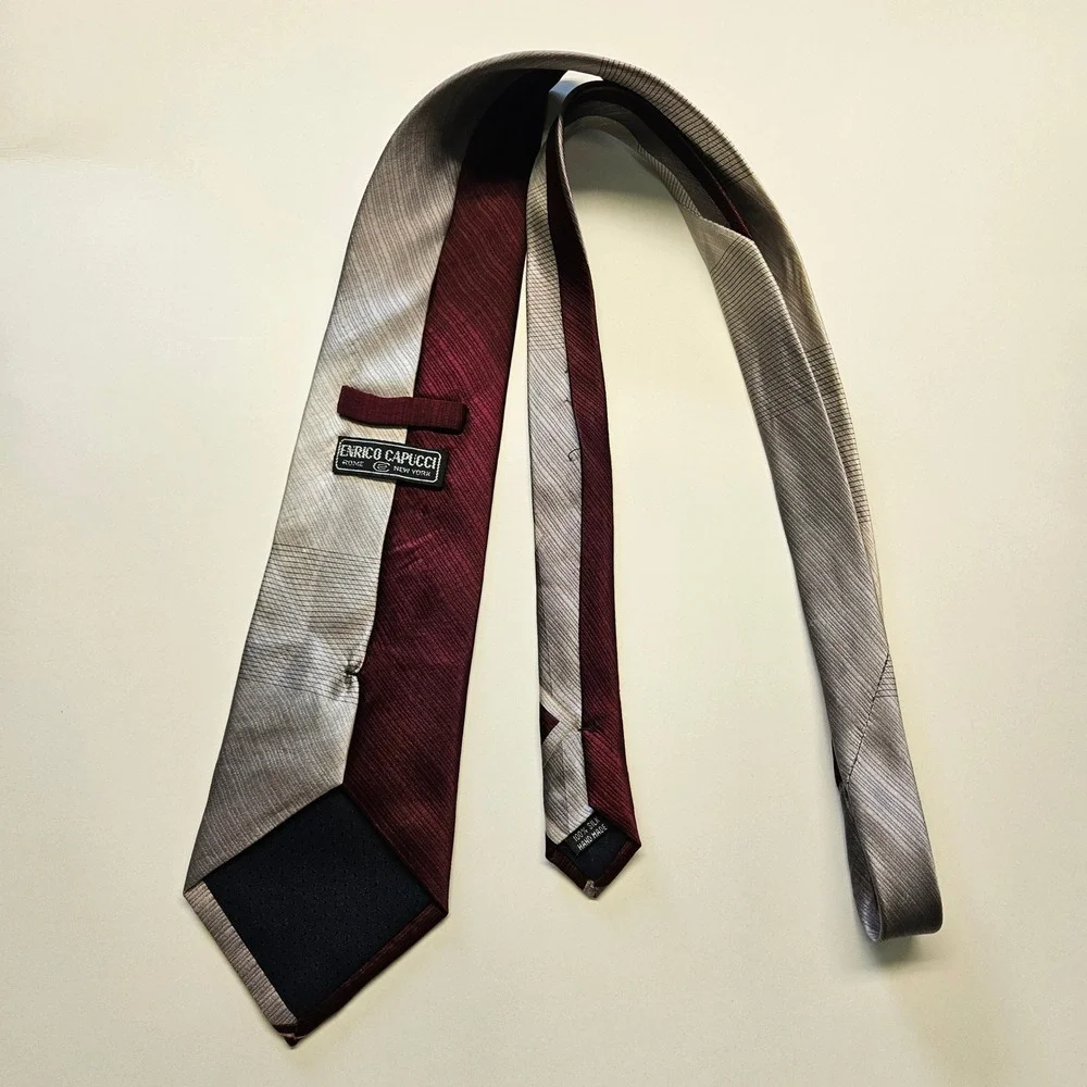 Enrico Capucci Mens Silk Tie‎ Burgundy Silver Geometric Diamond XL Hand Made